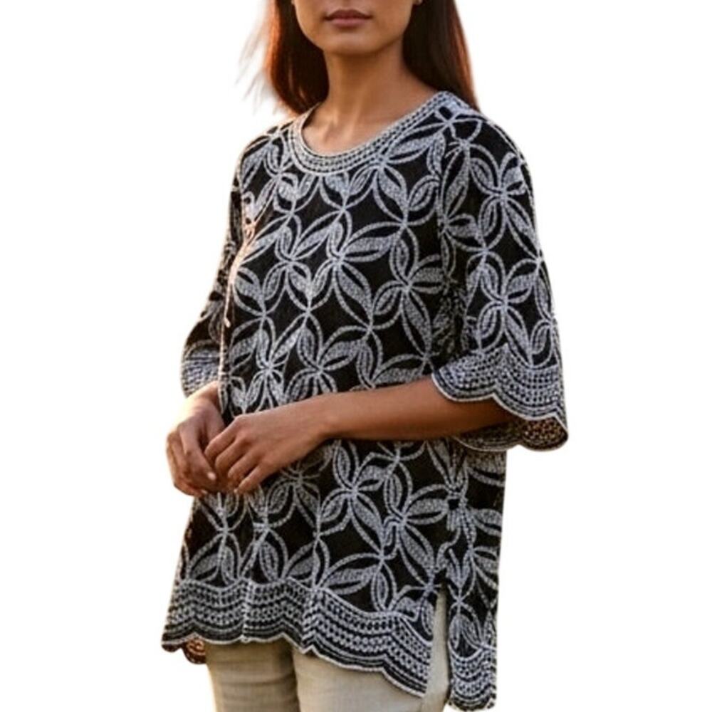 Solitaire Navy Allover Embroidered Top Womens Size 1X Scalloped Boho Blouse